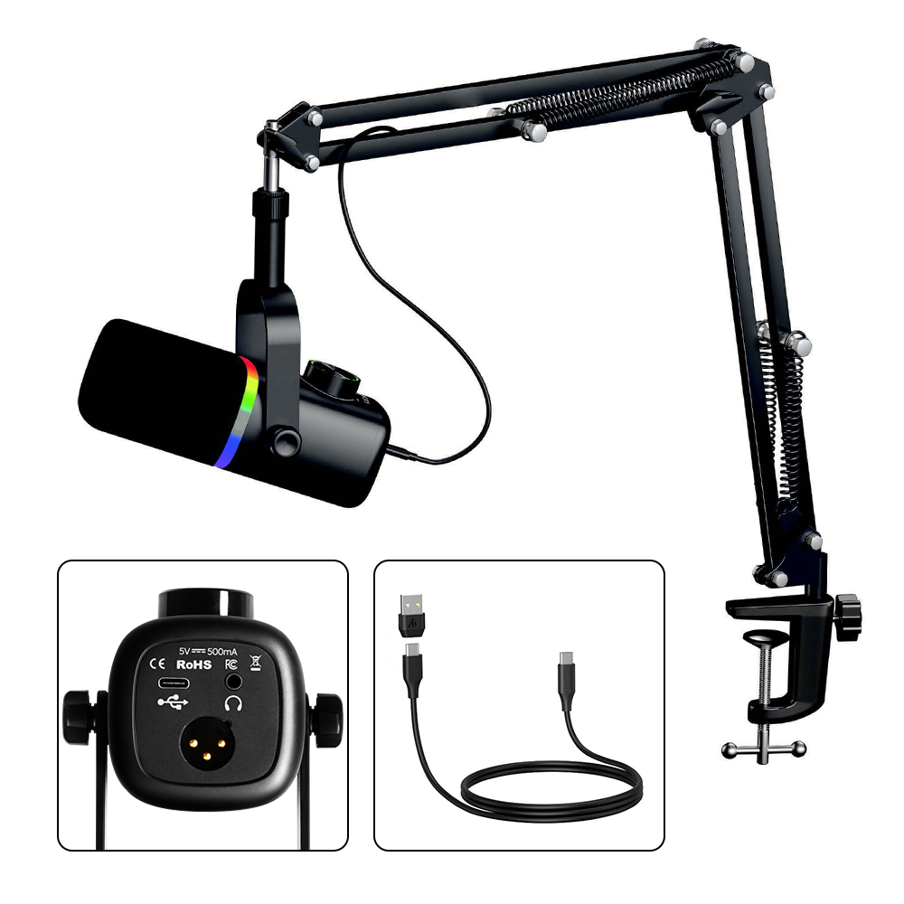 Kadence K777 Jamming Series USB/XLR Dynamic Microphone | Podcast, Gaming & Streaming Mic with RGB Lighting, Noise Reduction, Mute Button, Gain Control & Monitoring | Includes Boom Arm & Desk Stand